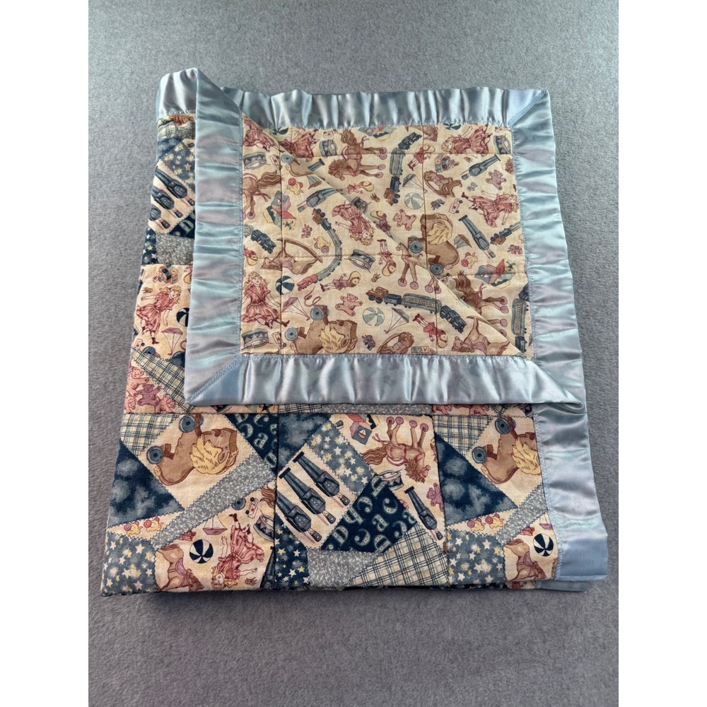 Vintage Toy Patchwork Baby Quilt Blue Satin Trim Rocking Horse Tin Soldier 35x42